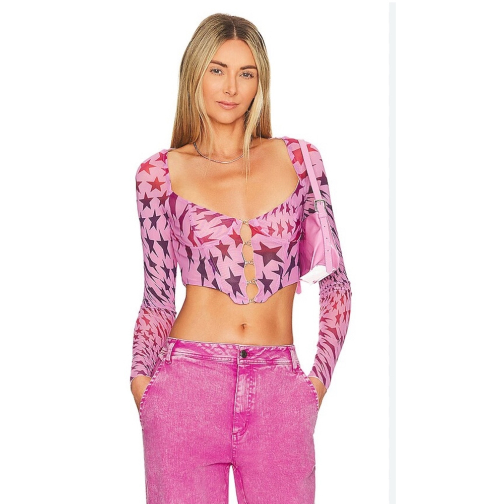 Revolve AFRM Star Grecian corset long Sleeve‎ Top Size L Pink Purple Star Print